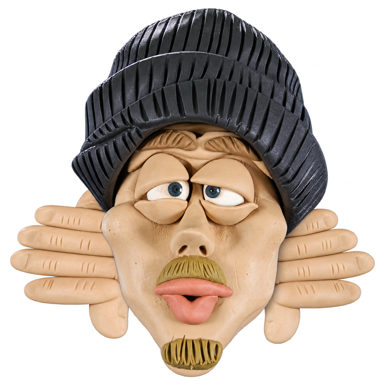 Personaje de arcilla con gorro tejido y manos extendidas